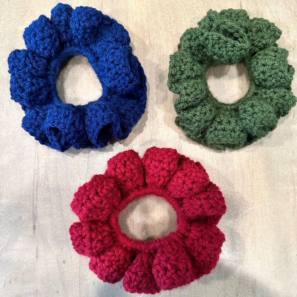 Handmade, crochet scrunchies and sets of three